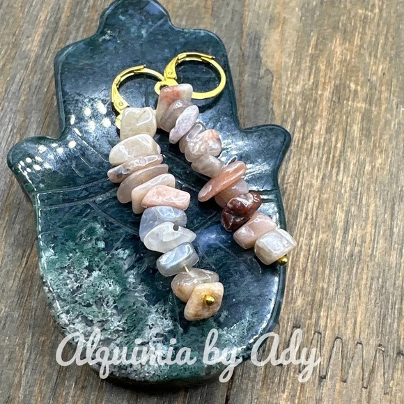 Peach Moonstone balanced bar gold long dangle earrings Libra/cancer/Scorpio - Picture 1 of 8